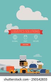 Vector template on one page website logistics solutions and delivery company featuring freight cargo jet airplane loading, airport service vehicles and various containers, flat design