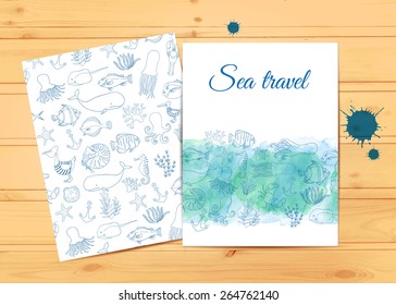 Vector template on wood background. Sea travel. Nautical animals, jellyfish and tropical fish. Blue watercolor card.