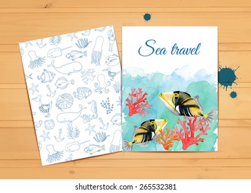 Vector template on wood background. Place for text. Use for banners, flyers, posters, cards, invitations. Sea travel. Nautical animals. Watercolor. 