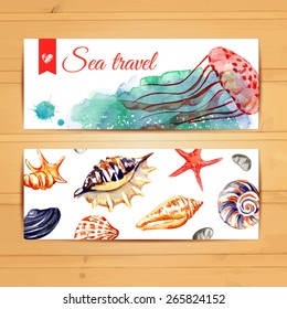 Vector template on wood background. Place for text. Use for banners, flyers, posters, cards, invitations. Sea travel. Nautical shells. Meduse. Watercolor.