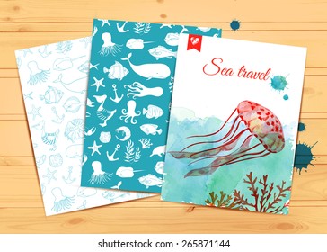 Vector template on wood background. Place for text. Use for banners, flyers, posters, cards, invitations. Sea travel. Nautical animals. Watercolor.