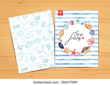 Vector template on wood background. Place for text. Use for banners, flyers, posters, cards, invitations. Travel, swim. Sea animals.  Watercolor nautical vector background.