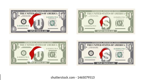 Vector template one Dollar Banknotes with Santa Claus red hat. 1 dollar bills for Christmas sales, grey and green colors. Suitable for discount cards, leaflet, coupon, flyer, vouchers. 