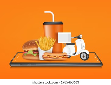 Vektorvorlage für die Online-Bestellung von Lebensmitteln auf Smartphone-Anwendungen, Dosen von Erfrischungsgetränken, Hot-Hunde, Hamburger, Pommes frites, auf Smartphone aufgestelltes Motorrad, Vektor 3d einzeln für die Abgabe von Lebensmitteln