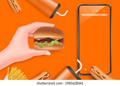 plantilla vectorial para pedir comida en línea en una aplicación para smartphones, mano con una hamburguesa, latas de refrescos, perritos calientes, hamburguesas, papas fritas colocadas en el fondo naranja, entrega de comida