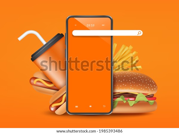 Vector template for ordering food online on a\
smartphone application,cans of soft drinks, hot dogs, hamburgers,\
french fries placed on the back of the smartphone,vector 3d\
isolated for food\
delivery