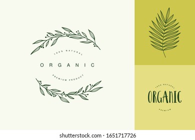 Vector template of organic nature. Botanical simple hand drawn logo with wild flower and leaves.