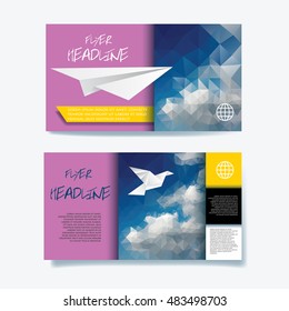 plantilla vectorial con pájaro de papel de origami en nubes de papel, polos bajos, diseño de portada de folletos