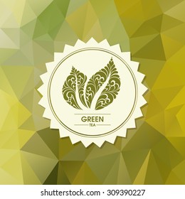 Vector template packaging tea, label, banner, poster, identity, branding. Abstract color background with ornamental design elements - leaf icon. Stylish design for green tea