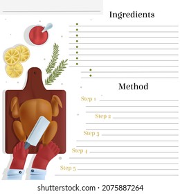 Vector template, page layout of recipe book, cookbook. There is place to record ingredients and method, tips. Illustration with cooking fried chicken, hands, a branch of rosemary, lemon, tomato sauce.