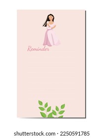 Vector template page Reminder design beautiful girl hugging herself. Page of a girl's personal diary.