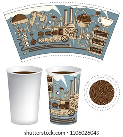 Vector template paper cup for hot drink. Disposable cup for tea or coffee with coffee machine with mechanisms in retro style