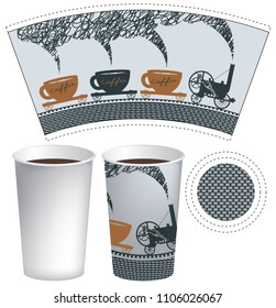 Vector template paper cup for hot drink. Disposable cup for coffee or tea with an old steam locomotive in retro style with rail cars in the form of coffee cups
