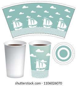 Vector template paper Cup for hot drinks with sailing ships in the sea and the clouds in the sky