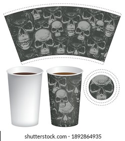 Plantilla vectorial de un vaso de papel para bebidas calientes. Taza desechable para té y café con un fondo sombrío abstracto de cráneos humanos siniestros dibujados a mano