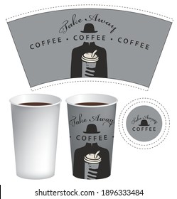 Vector template of a paper cup for hot drinks with the inscription Take away coffee. Disposable cup for coffee or tea with coffee cup in the hands of a mysterious person in a black hat without a face