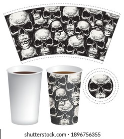 Vector template of a paper cup for hot drinks. Disposable cup for tea and coffee with abstract black and white background of hand-drawn human skulls