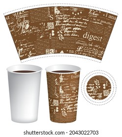 vector template paper cup for hot drink tea and coffee with the texture of manuscript with splashes and spots