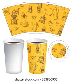 vector template paper cup for hot drink with the texture of doodles dishes, kettles, grinders