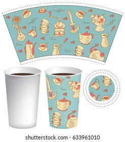 vector template paper cup for hot drink with the texture of doodles dishes, kettles, grinders, cups, vases, fruits