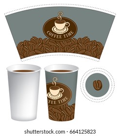 Vector template paper cup for hot drink with the words coffee time and cup of coffee on the background of coffee beans