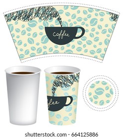 Vector template paper cup for hot drink with inscription coffee and cup of coffee with steam on a background with the texture of grains.