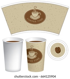 Vector plantilla de taza de papel para bebida caliente con las palabras tiempo de café y taza de café sobre un fondo beige con la textura del cartón.