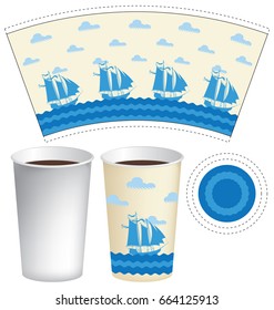 Vector template paper Cup for hot drinks with sailing ships in the sea and the clouds in the sky