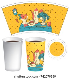 Vector template paper cup for hot drink. Disposable cup for tea or coffee with still life on the table with a tablecloth in flat style