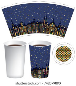Vector template paper cup for hot drink. Disposable cup for tea or coffee with old town in the starry night in retro style