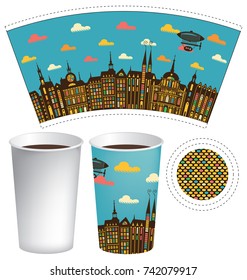 Vector template paper cup for hot drink. Disposable cup for tea or coffee with old town, airship and clouds in retro style