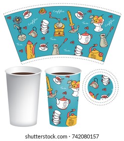 Vector template paper cup for hot drink. Disposable cup for tea or coffee with the texture of doodles dishes, kettles, grinders, cups, vases, fruits