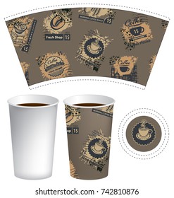 Vector template paper cup for hot drink. Disposable cup for tea or coffee with set of postage stamps on the theme of coffee house in retro style