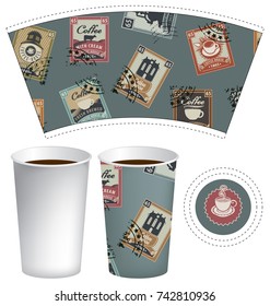 Vector template paper cup for hot drink. Disposable cup for tea or coffee with set of postage stamps on the theme of coffee house in retro style