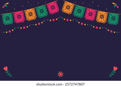 Vector template with paper flags and flowers for Cinco de Mayo holiday. Vector background with place for text.