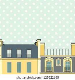 Vector template with Paris roofs on polka dot background.