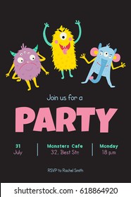 vector template of a party invitation with cute and funny monsters