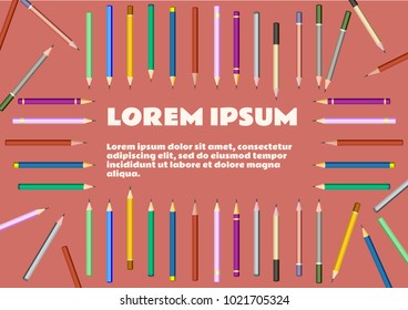 Vector template with pencils on the red background