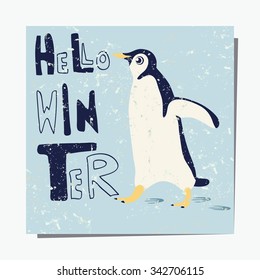 Vector template with penguin. Textured  pattern for placards, brochures, posters, greeting cards, flyers postcards. Winter greetings. 