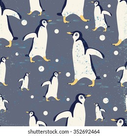 Vector template with penguin. Textured seamless  pattern for placards, brochures, posters, greeting cards, flyers postcards. 