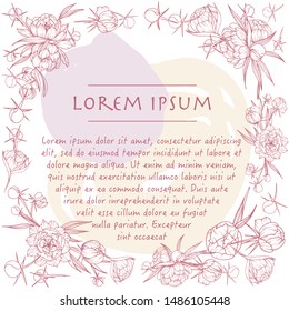Vector template with peony flower hand drawn background circle frame with plant and brush strokes
