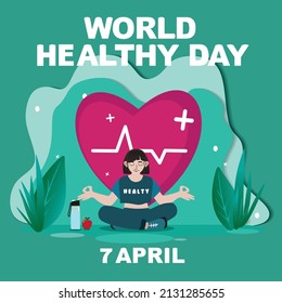 Vector template with people leading an active healthy lifestyle. Concept for World Health Day and other uses. Yoga people design elements are good for health