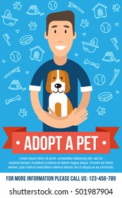 Vector template for pet adoption poster. Happy man is hugging an adopted dog. Flat style.