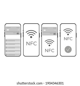 Plantilla vectorial de pantallas telefónicas con pasos de pago sin contacto por tecnología nfc. Aplicación de pagos en línea, banca móvil y verificación de usuarios. Pantallas de aplicaciones en color gris y de estilo plano.