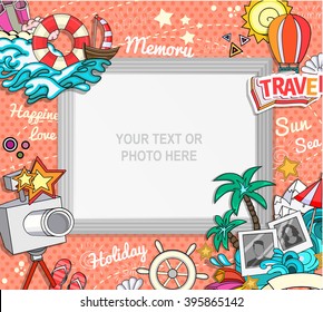 Vector template photo frame or card for your picture. Insert your picture or text. Scrapbook concept. Design photo frame. Decorative template for baby, family or memories. Vector illustration.