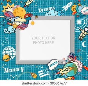 Vector template photo frame or card for your picture. Insert your picture or text. Scrapbook concept. Design photo frame. Decorative template for baby, family or memories. Vector illustration.