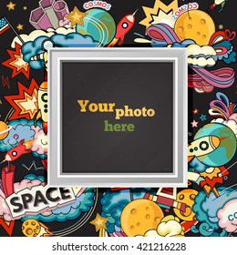 Vector template photo frame or card for your picture. Insert your picture or text. Scrapbook concept. Design photo frame. Decorative template for baby, family or memories. Vector illustration.