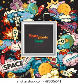 Vector template photo frame or card for your picture. Insert your picture or text. Scrapbook concept. Design photo frame. Decorative template for baby, family or memories. Vector illustration.