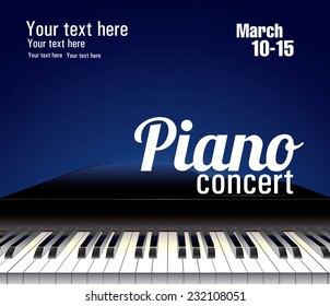 Vector template for piano concert with piano keyboard and notes.
