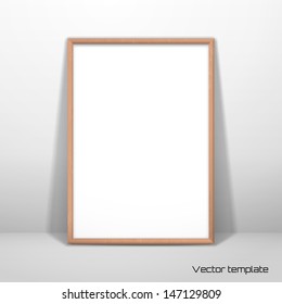 Vector  template. Picture frame design. A white sheet (A4) of paper against the wall.  Imitation wood and paper. Realistic shadow.